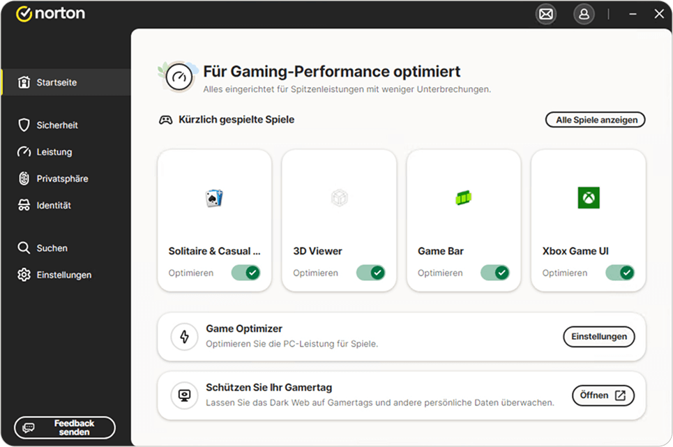 Norton 360 for Gamers in Aktion.