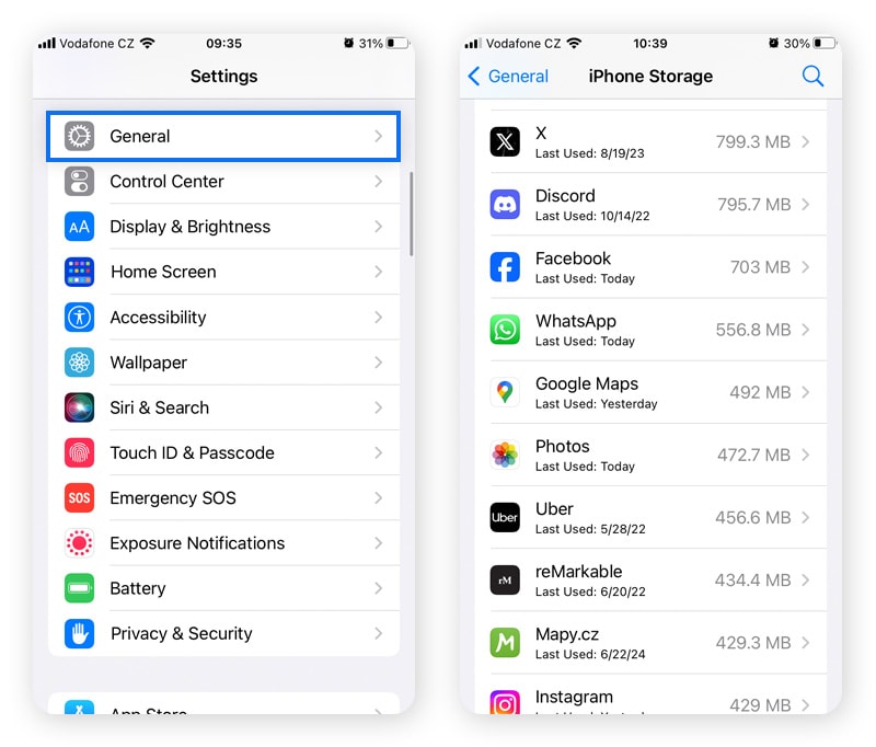 Auf dem iPhone suchen Sie zum Entfernen von Adware nach verdächtigen Apps im iPhone-Speicher unter "Allgemeine Einstellungen".