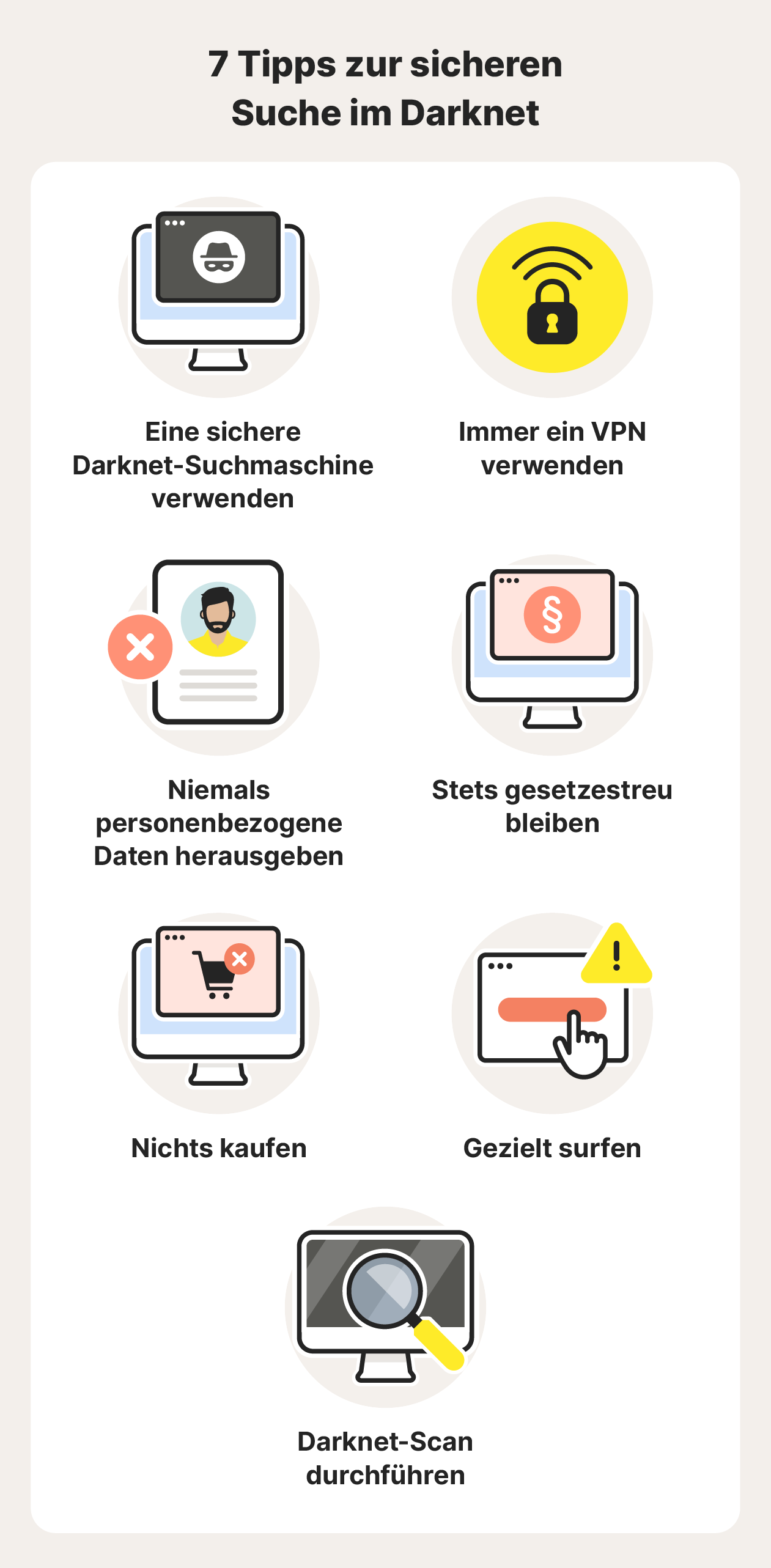 EInfografik mit 7 Tipps für die sichere Suche im Darknet.