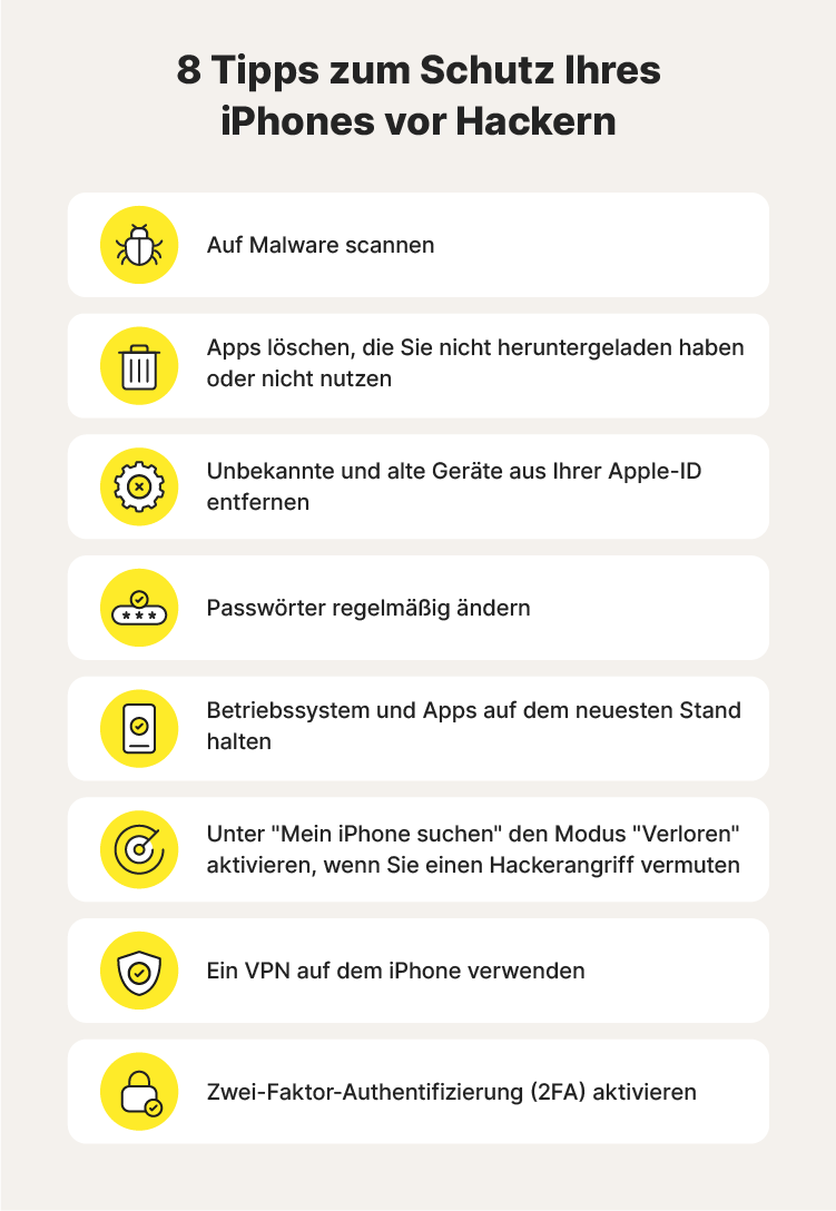 Eine Abbildung mit 8 Tipps zum Schutz Ihres iPhones vor Hackern.