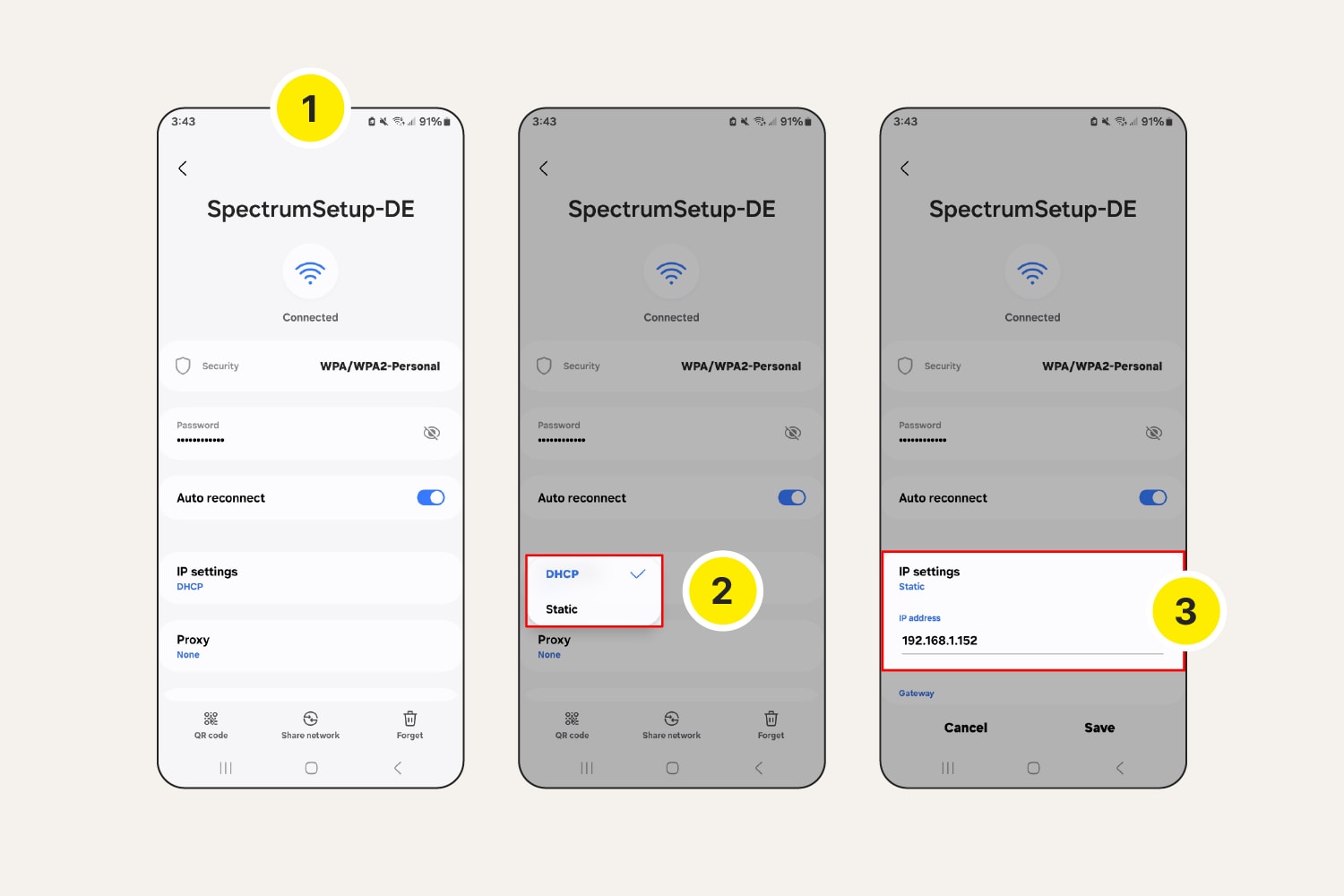Screenshot: Wechseln zu einer statischen IP auf einem Android-Smartphone