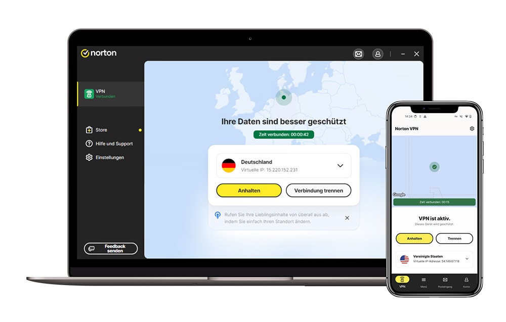 Screenshot: Verbergen Ihrer IP-Adresse mithilfe des VPN von Norton