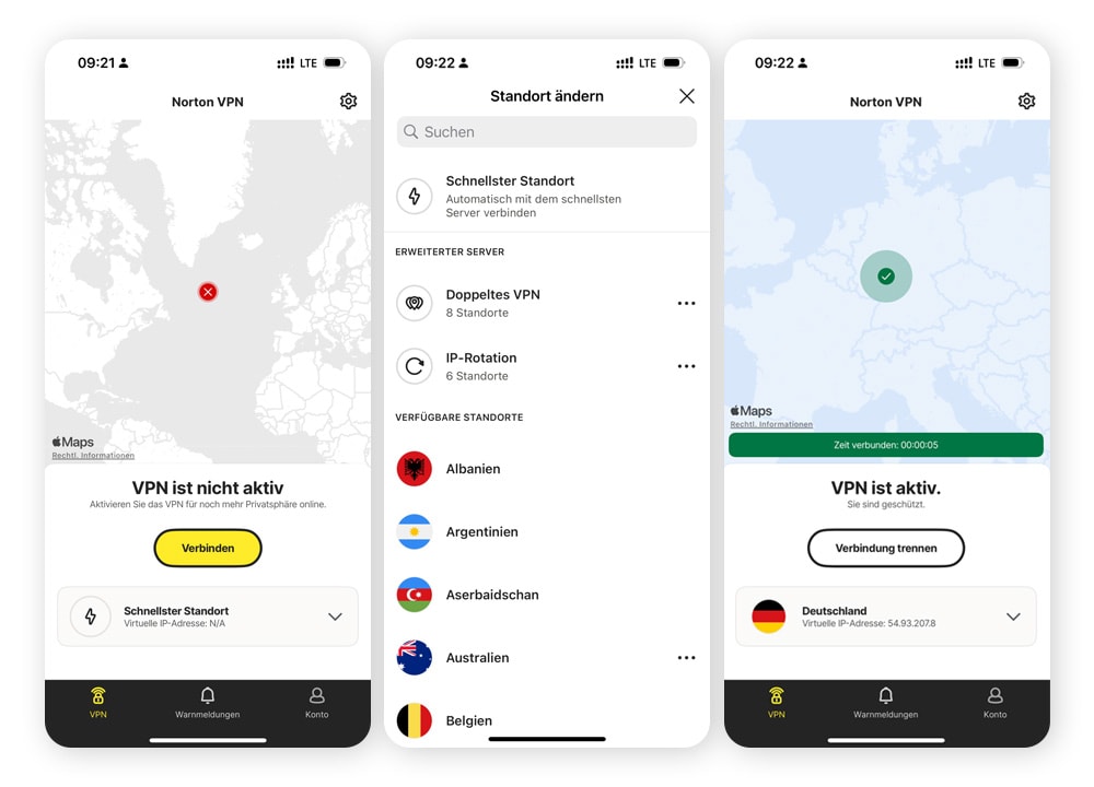 Drei Screenshots, die zeigen, wie Sie Ihren VPN-Standort in der mobilen Norton VPN-App ändern.