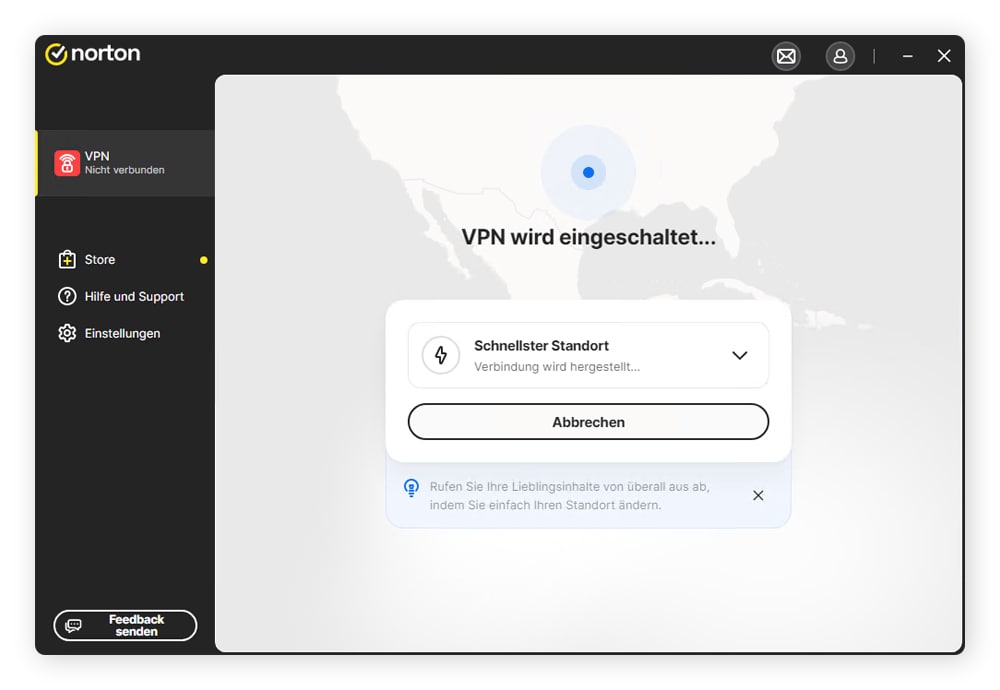 Ein Screenshot der Startseite der Norton VPN-Desktop-App.