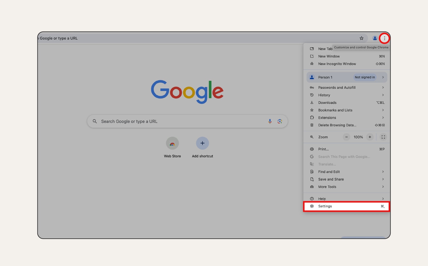 Screenshot: Öffnen des Menüs „Optionen“ in Chrome