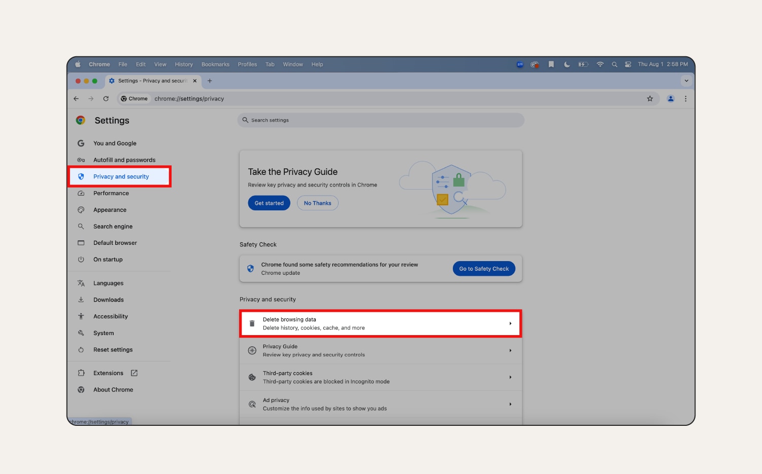 Screenshot: Einstellung „Datenschutz und Sicherheit“ in Chrome