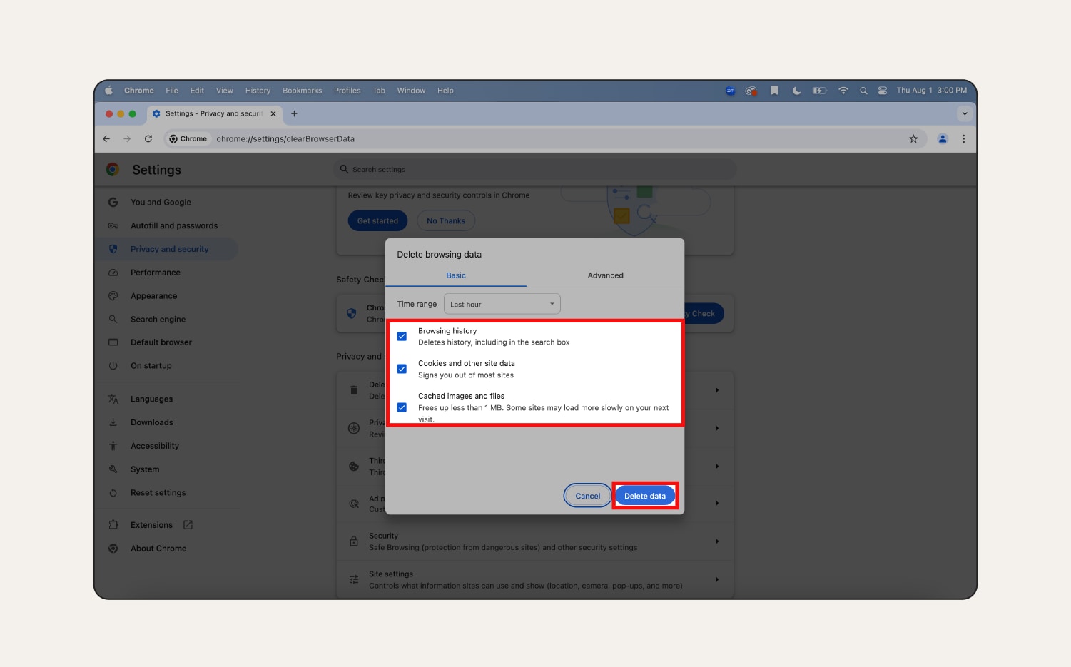 Screenshot: Löschen von Browser-Daten, Cookies und Cache-Dateien in Chrome auf dem Mac