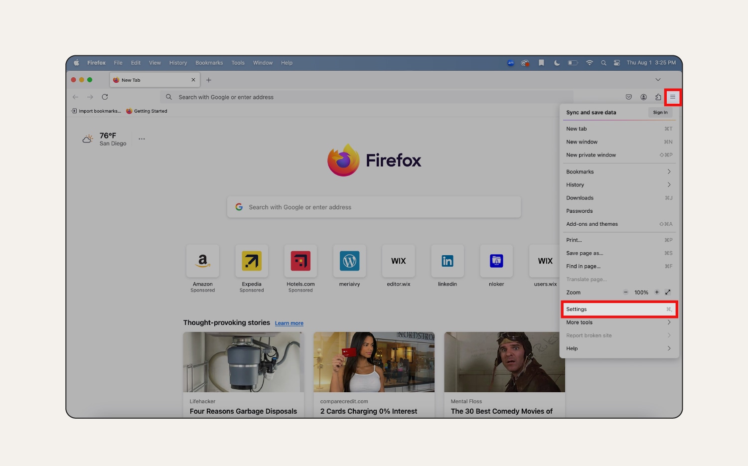 Screenshot: Anwendungsmenü in Firefox