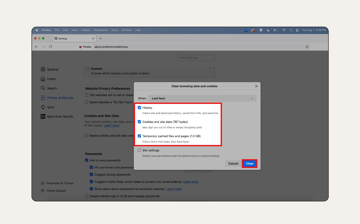 Screenshot: Löschen von Cache und Cookies in Firefox