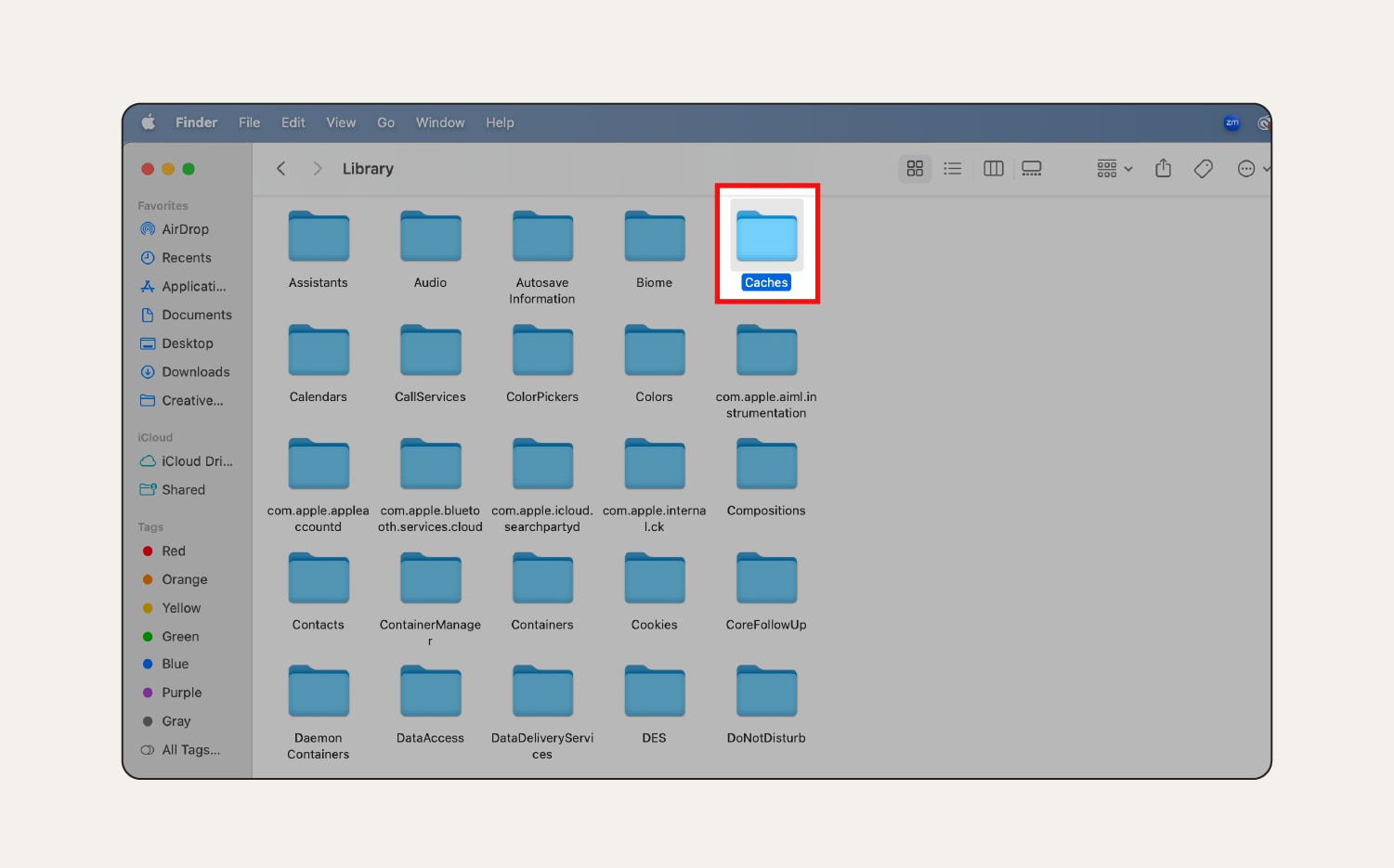 Screenshot: Ordner „Caches“ in der Library