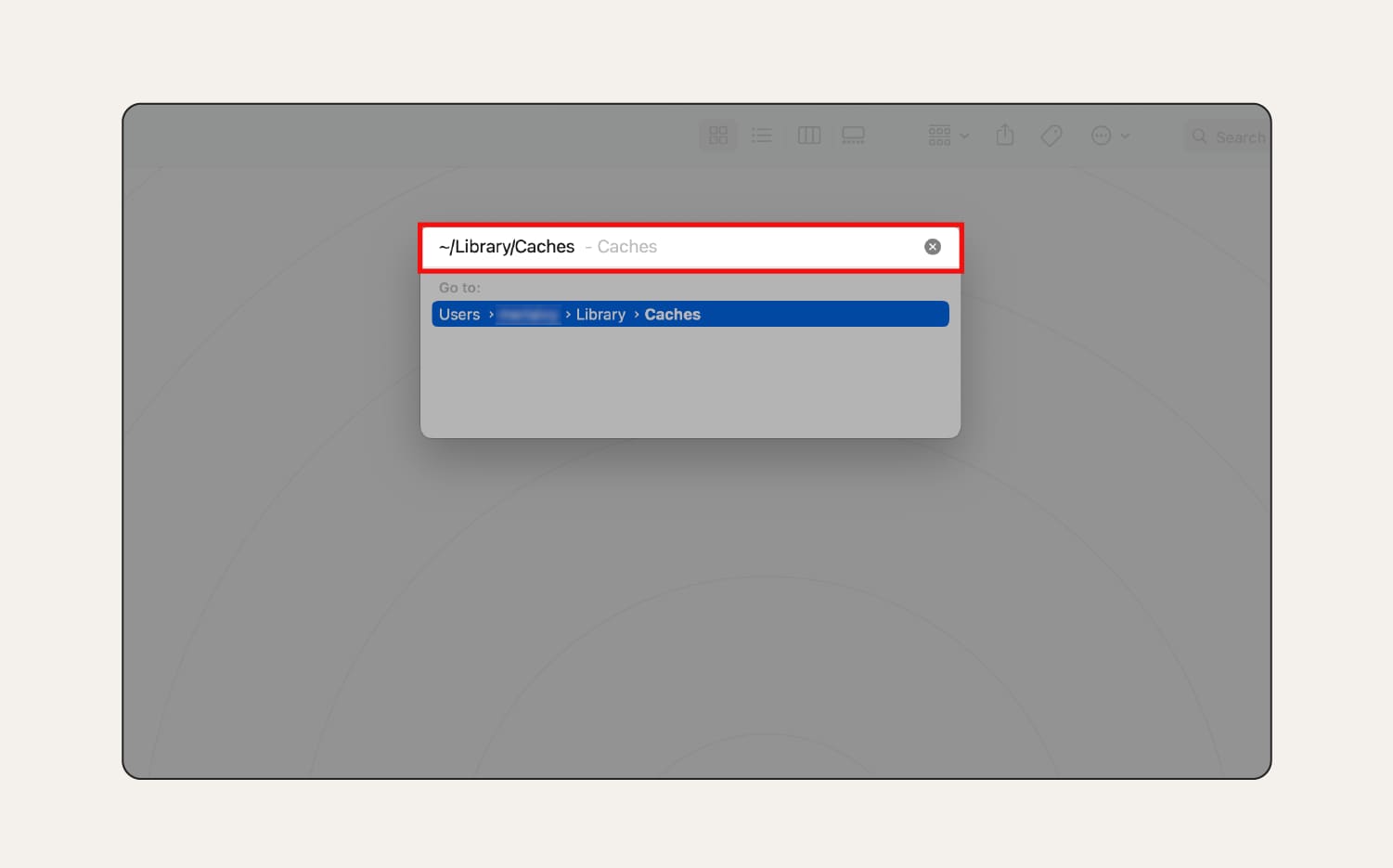 Screenshot: Ergebnis „~/Library/Caches“ im Menü „Gehe zum Ordner“