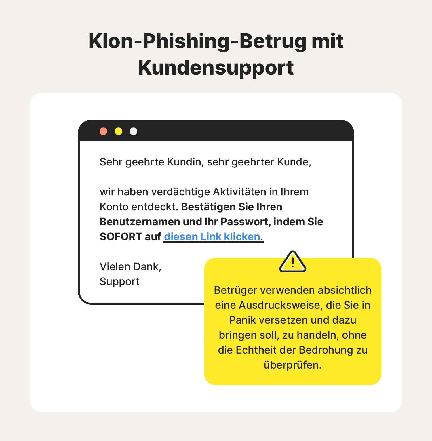 Illustriertes Beispiel für einen Klon-Phishing-Betrug mit "Kundensupport".