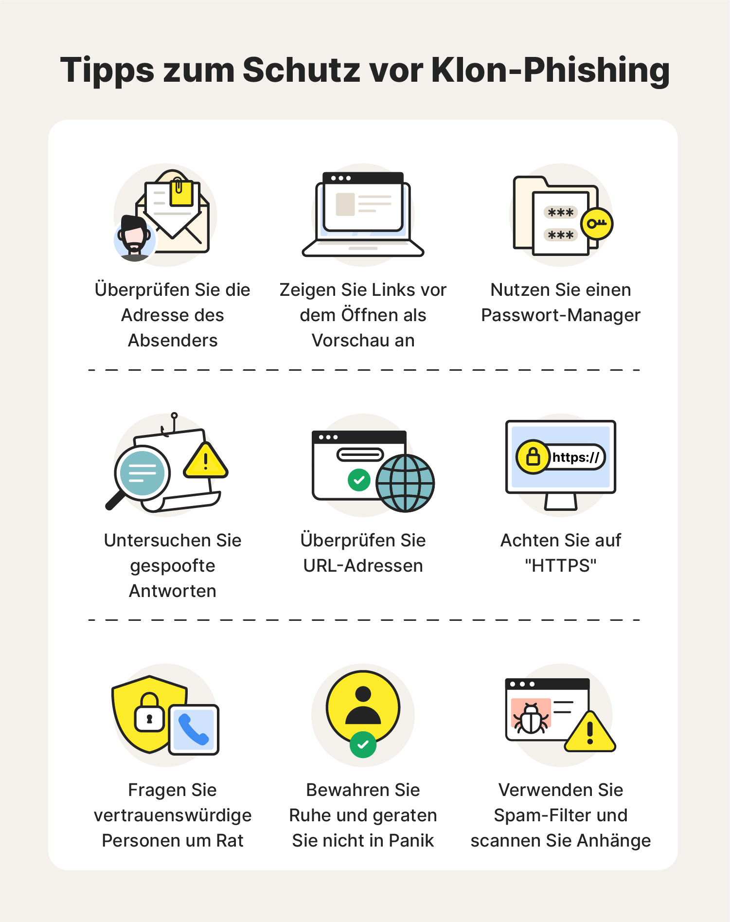 Illustrierte Grafik mit einigen Möglichkeiten, wie Sie sich vor Klon-Phishing-Betrug schützen können.