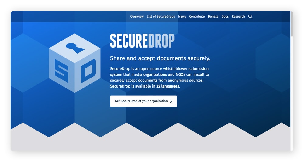 SecureDrop, eine Open-Source-Filesharing-Website, die häufig von Whistleblowern und Journalisten genutzt wird.
