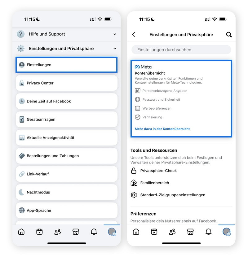 Screenshots des Facebook-Menüs mit Hervorhebung der Einstellungen und der Kontenübersicht.