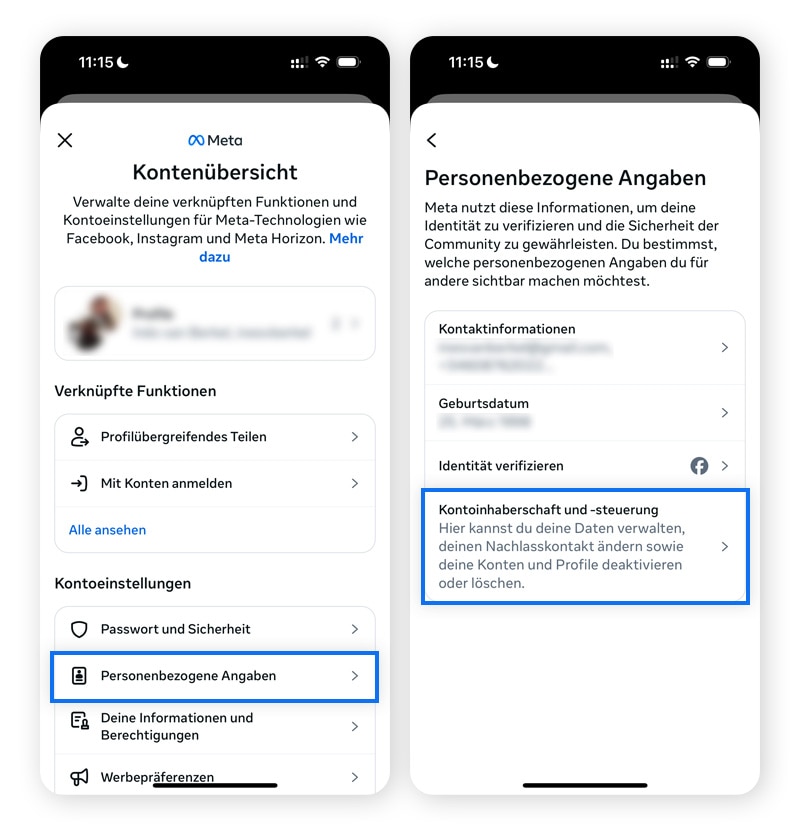 Zwei Facebook-Screenshots, auf denen "Persönliche Angaben" und "Kontoinhaberschaft und Einstellungen" hervorgehoben sind.