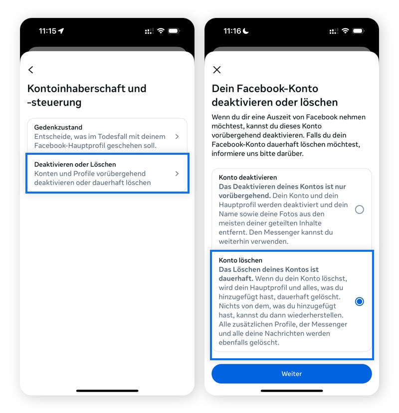 Zwei Facebook-Screenshots, auf denen die Option "Konto löschen" hervorgehoben sind.