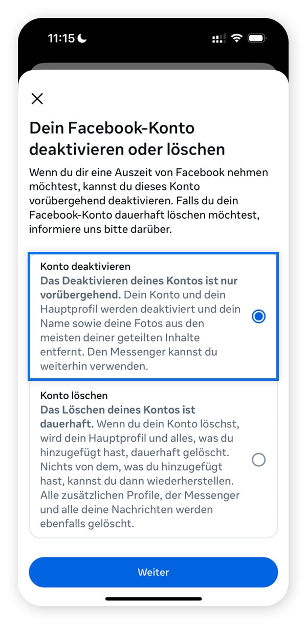 Screenshot, auf dem die Option "Konto deaktivieren" auf Facebook hervorgehoben ist.