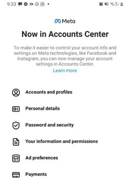 Screenshot der Optionen "Kontenübersicht" und "Personenbezogene Angaben" beim Löschen eines Instagram-Kontos auf einem Android-Gerät