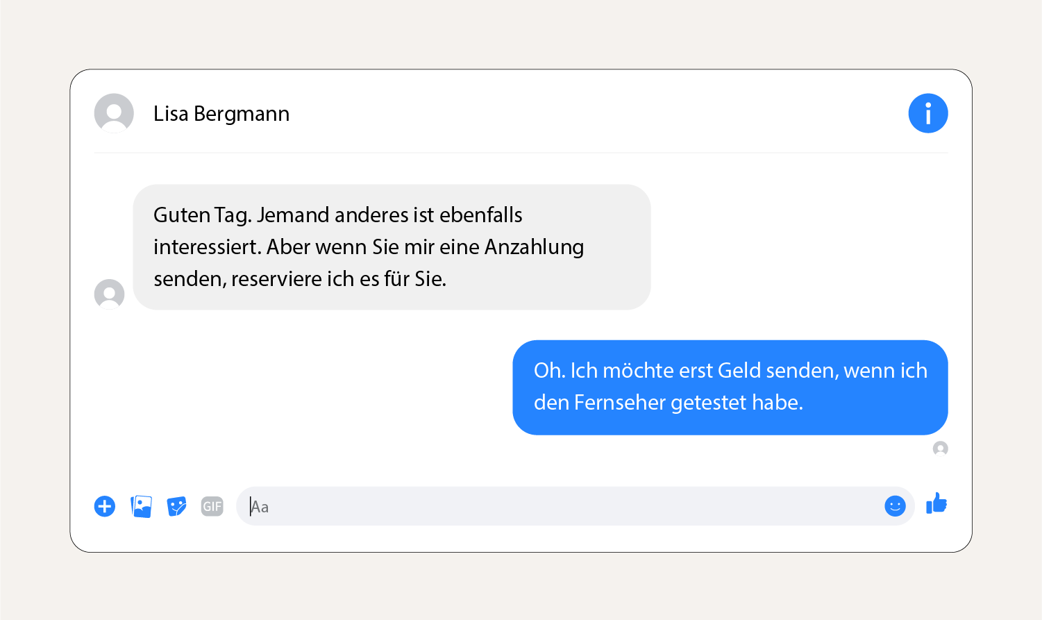 Screenshot mit der Betrugsnachricht einer Vorauszahlungsforderung auf dem Facebook-Marktplatz.