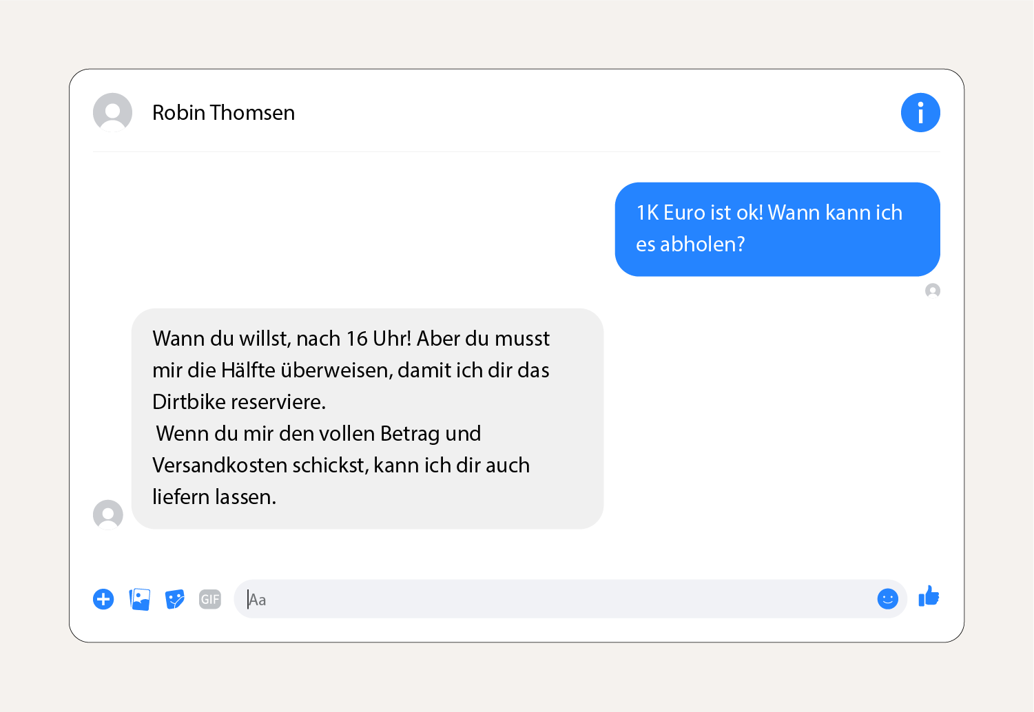 Screenshot einer Betrugsnachricht auf dem Facebook-Marktplatz, in dem eine Überweisung fordert wird.