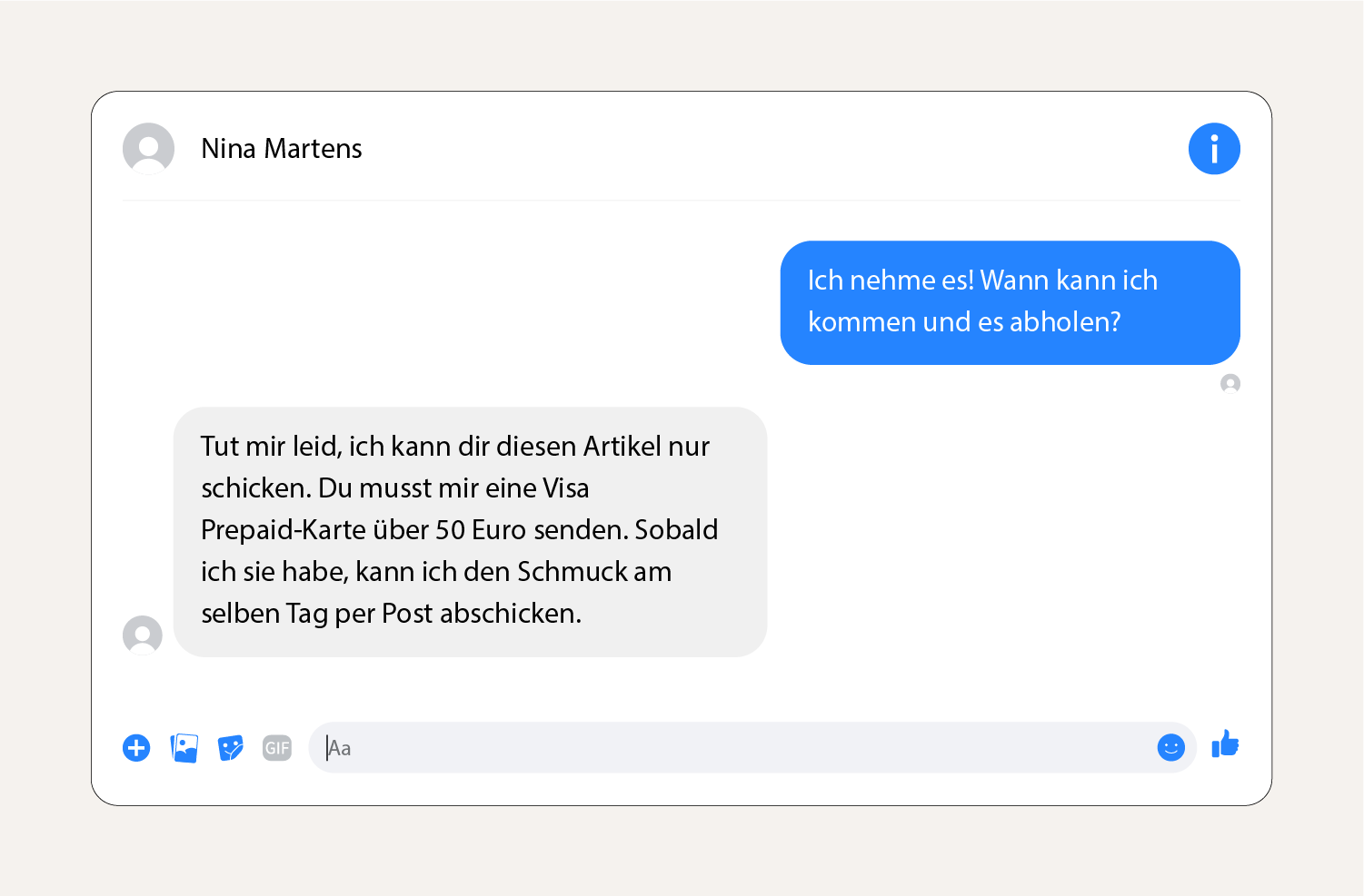 Screenshot einer Betrugsnachricht mit Geschenkkarte auf dem Facebook-Marktplatz.