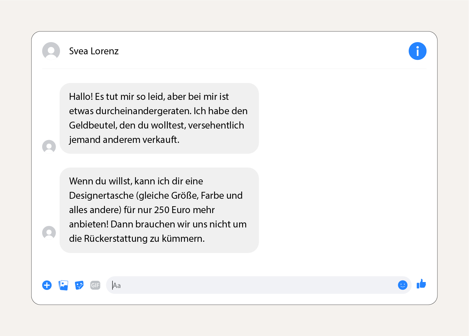 Screenshot einer Betrugsnachricht mit Lockangeboten auf Facebook Marketplace.