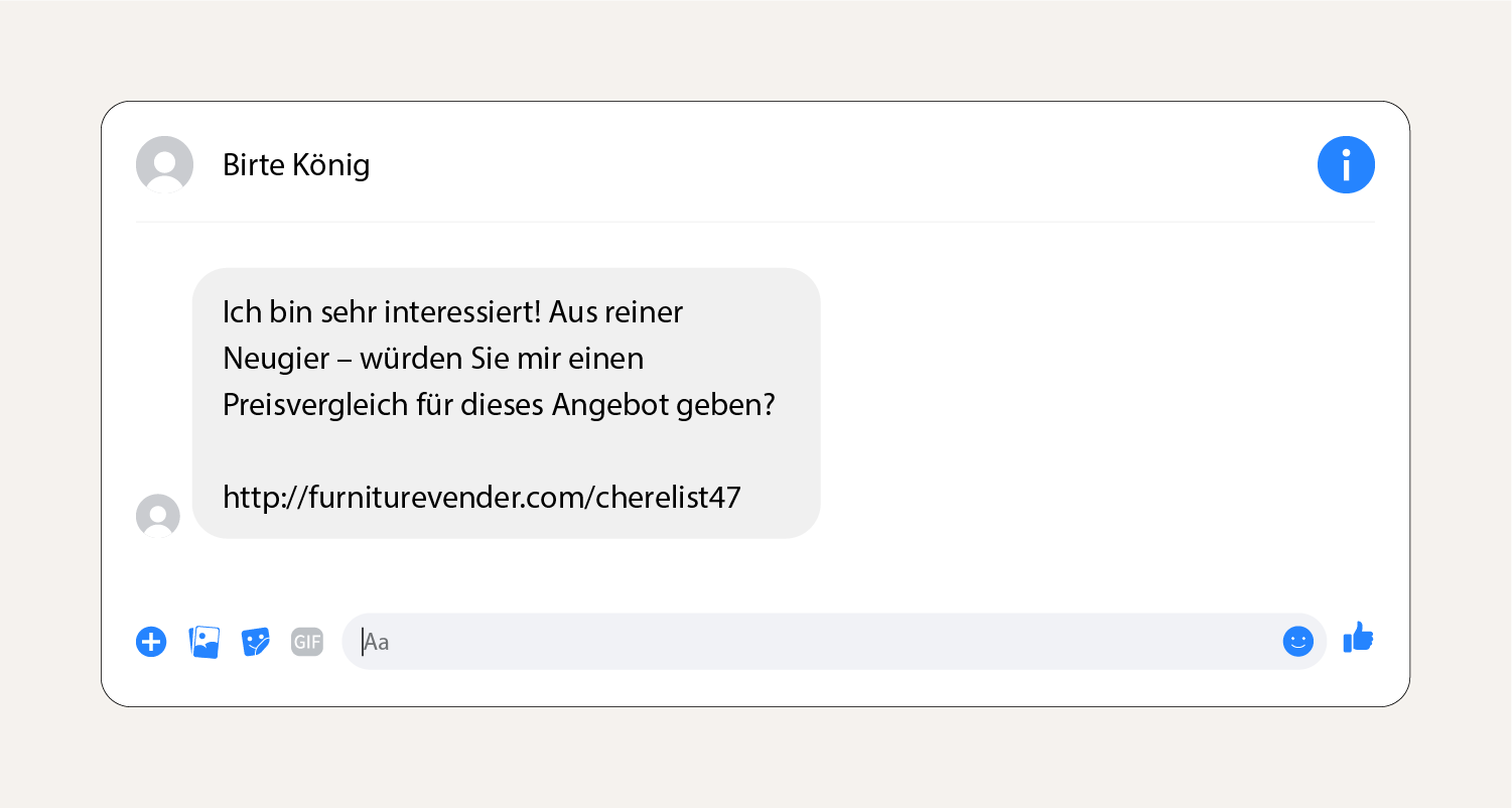 Screenshot einer Phishing-Betrugsnachricht auf Facebook Marketplace.