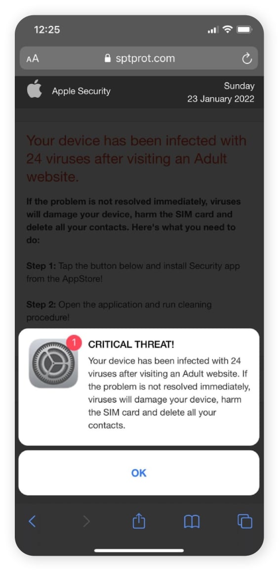 Screenshot: falsche Viruswarnung auf einem iPhone
