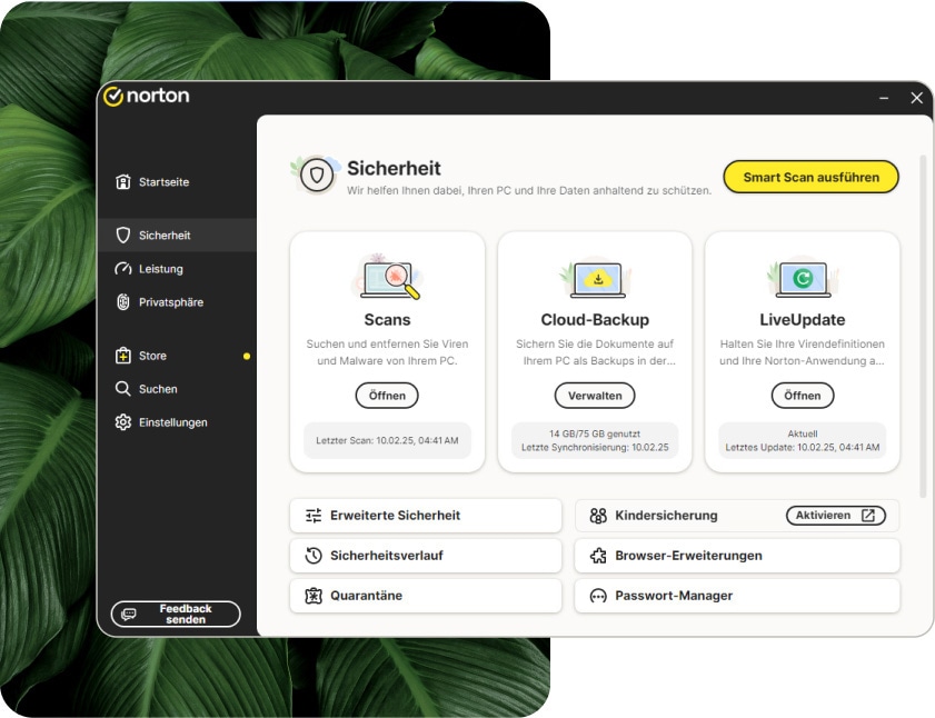 Screenshot: Benutzeroberfläche des Haupt-Dashboards in Norton AntiVirus Plus