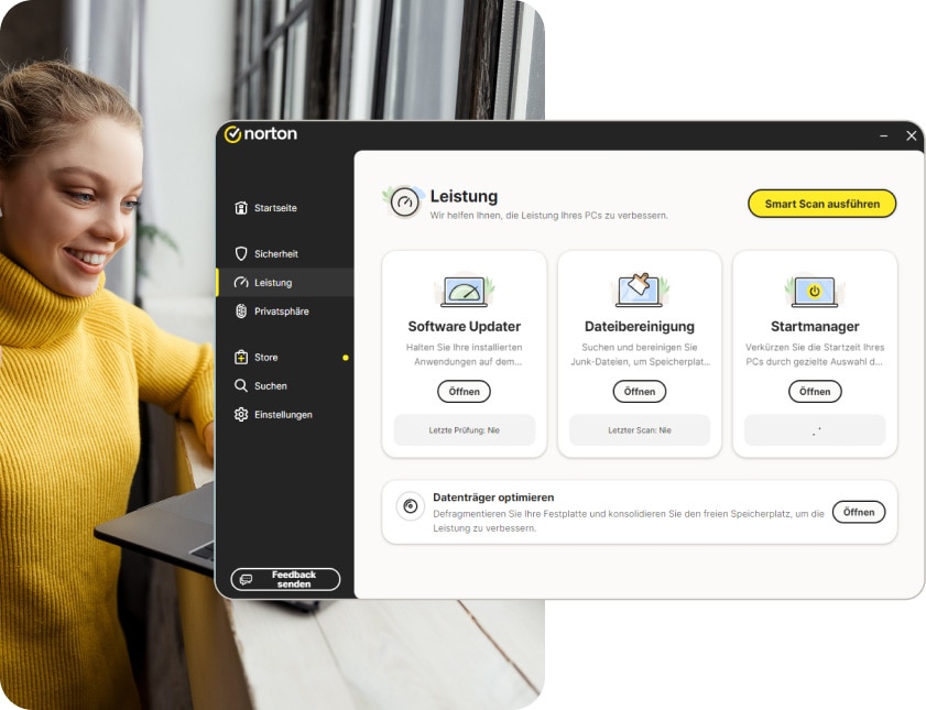 Screenshot: Norton AntiVirus Plus beim Durchführen eines Scans zur Festplattenoptimierung für bessere Leistung