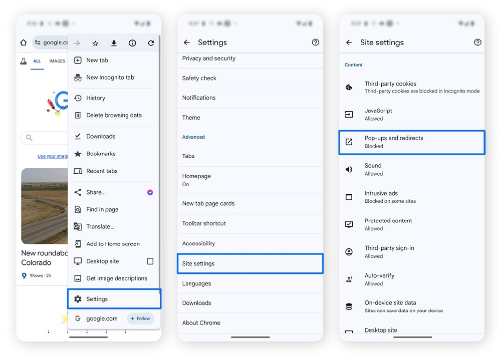 Screenshots, die zeigen, wie man Pop-ups in Google Chrome für Android blockiert.