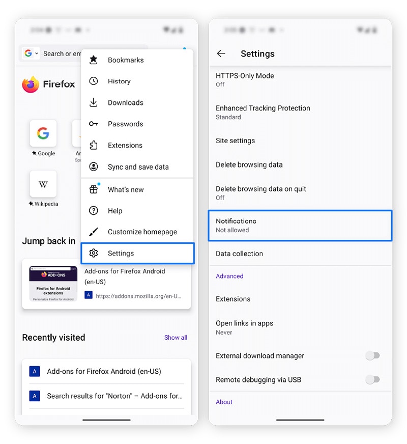 Screenshots, die zeigen, wie man Pop-ups in Firefox für Android blockiert.