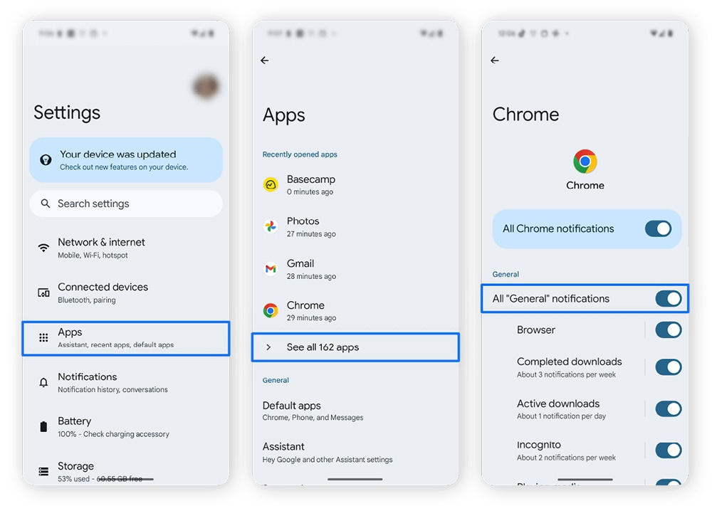 Screenshots, die zeigen, wie man Pop-ups auf dem Android-Startbildschirm blockiert.