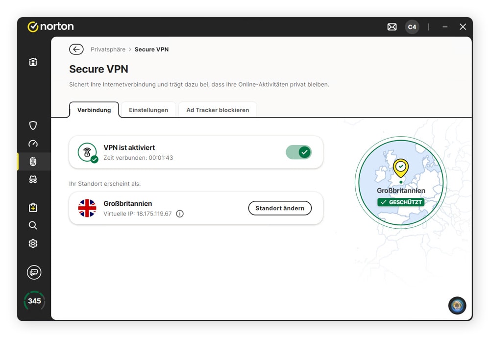 Screenshot: Benutzeroberfläche von Norton Secure VPN