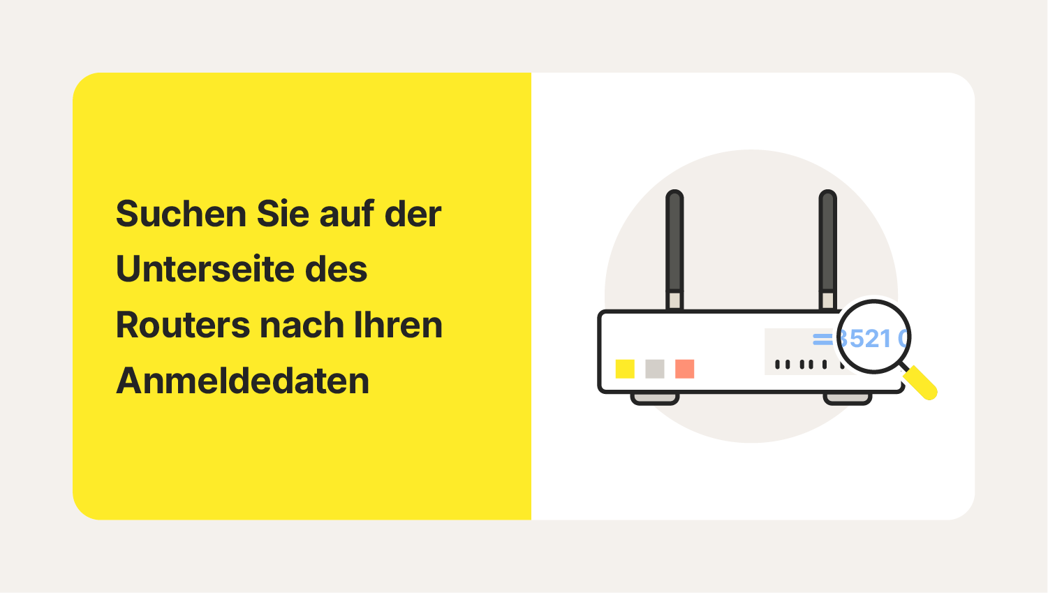 Rückseite eines Routers unter einer Lupe zur Demonstration, wie man das WLAN-Router-Passwort ändert.