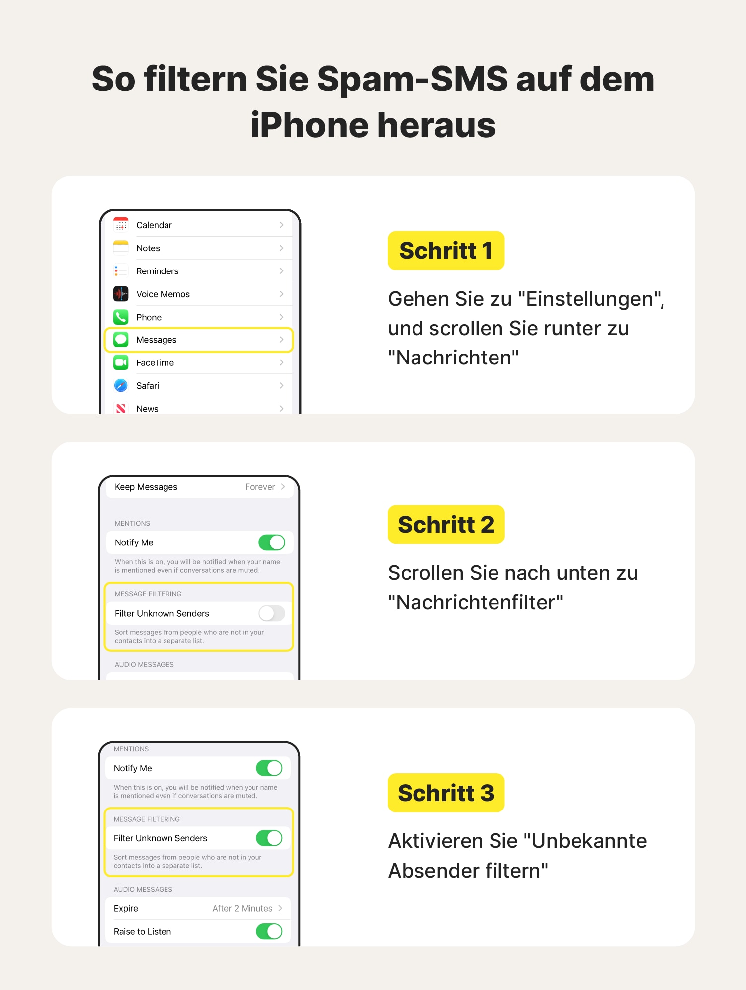 Schritt-für-Schritt-Anleitung zum Herausfiltern von Spam-SMS auf einem iPhone