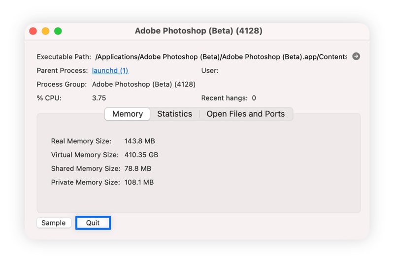 Ein Screenshot, der zeigt, wie man Programme über die Mac-Aktivitätsanzeige beendet.
