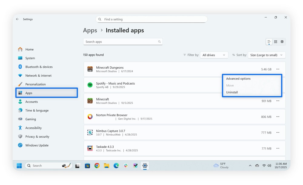 Screenshot, der zeigt, wie man Anwendungen auf einem Windows-Computer deinstalliert.