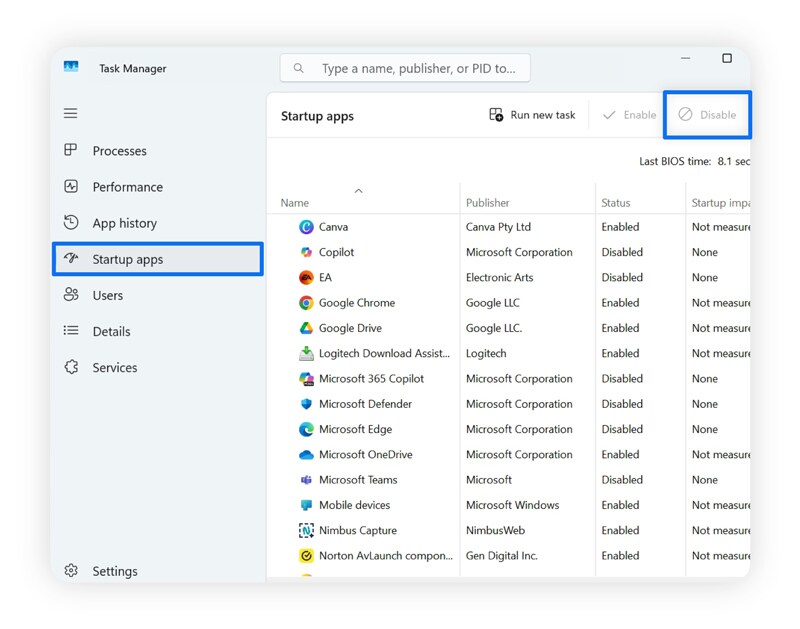 Screenshot, der zeigt, wie man Autostart-Programme auf einem Windows-Computer deaktiviert.