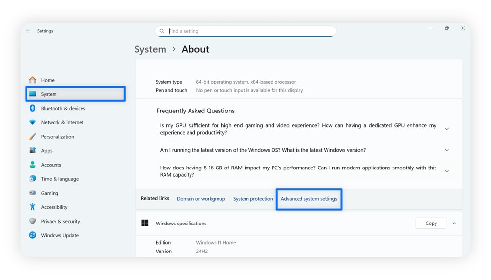 Screenshot, der zeigt, wo man "Erweiterte Systemeinstellungen" auf einem Windows-Computer findet.