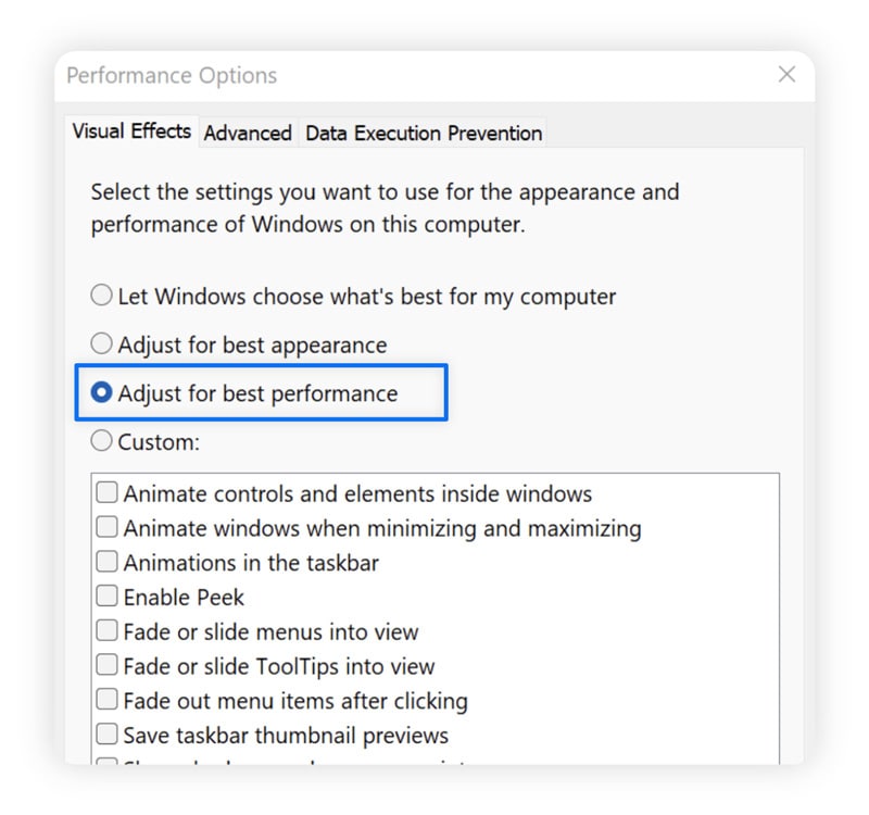 Screenshot, der zeigt, wie man visuelle Effekte für die beste Leistung anpasst.