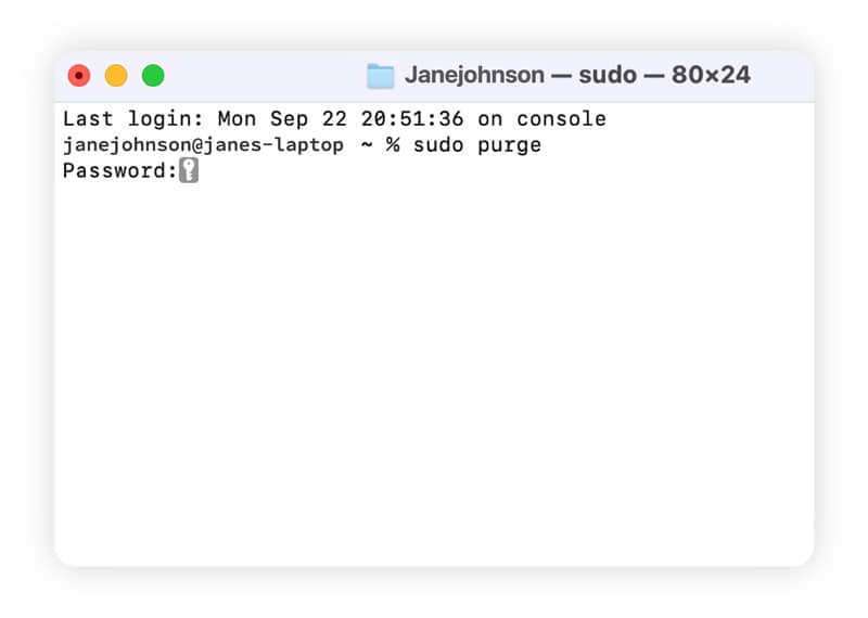 Screenshot, der zeigt, wie man inaktiven RAM über das Mac-Terminal leert.