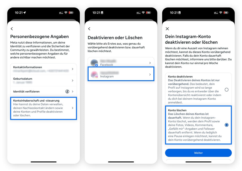 Verschiedene Bildschirme, die zeigen, wie man ein Instagram-Konto in der Android-Handy-App löschen kann.