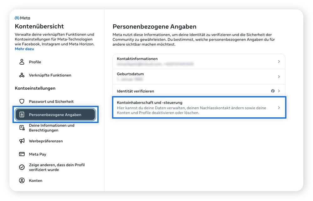 Screenshot der Kontenübersicht: Unter "Kontoinhaberschaft und Einstellungen" kann man das Instagram-Konto dauerhaft löschen.