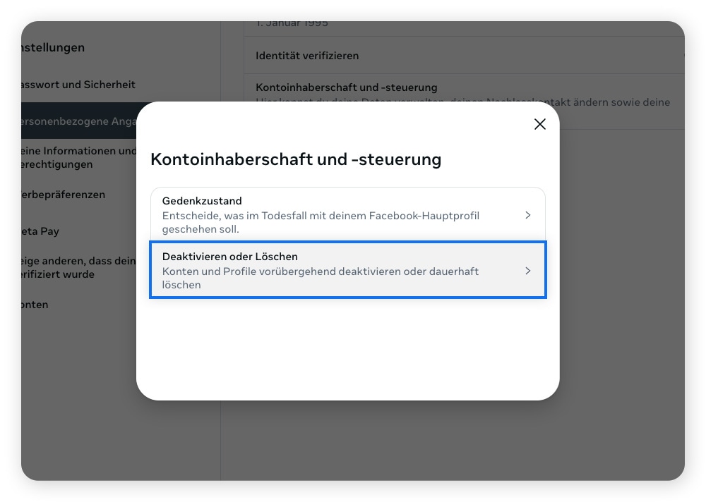 Screenshot einer Instagram-Seite mit Optionen zum Deaktivieren (temporär) bzw. Löschen (dauerhaft) eines Kontos.