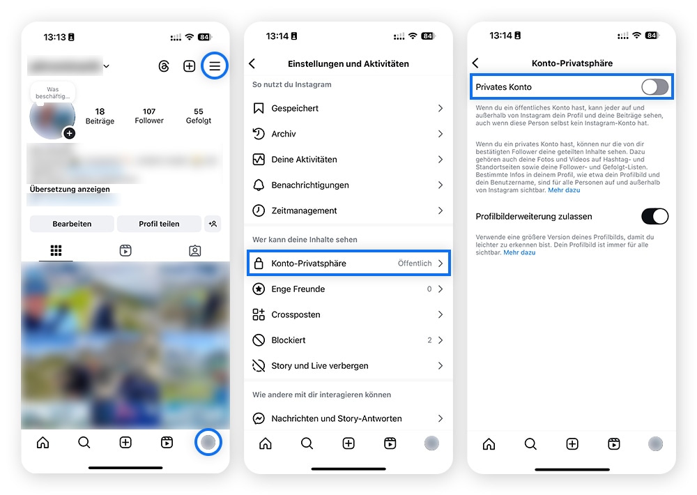 Drei Screenshots, die Lesern zeigen, wie sie ihr Instagram-Konto privat schalten können.