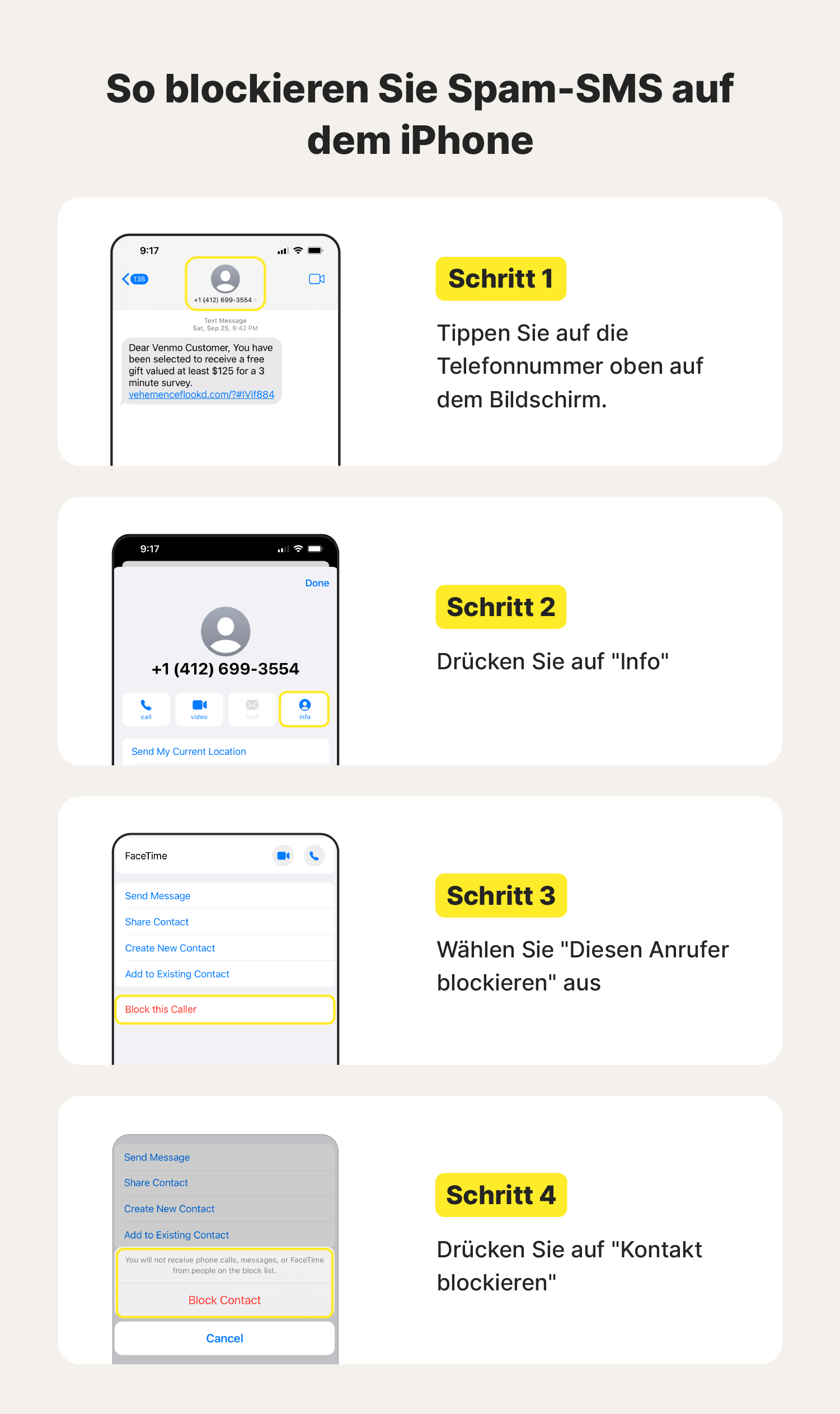 Schritt-für-Schritt-Illustration zum Blockieren von Spam-SMS auf einem iPhone