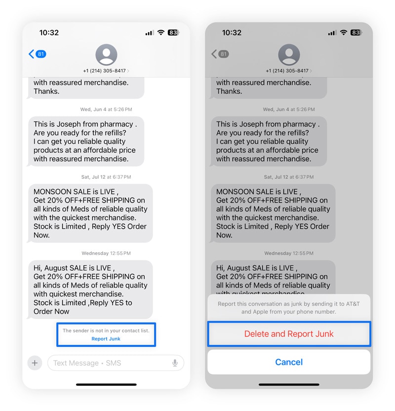 Screenshots: So können Sie Junk-SMS auf dem iPhone melden.