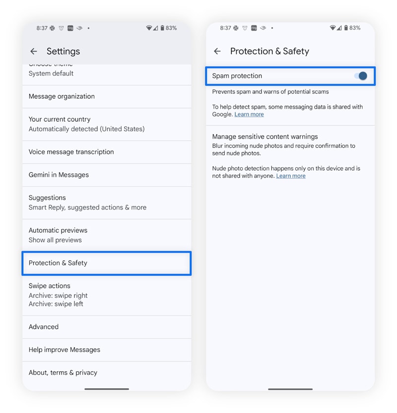 Screenshots, die zeigen, wie Sie Spam auf Android filtern.